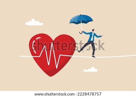 Health insurance, medical risk or healthcare protection, patient security or disease and illness care concept, strong man with umbrella protection walk on risky heart pulse rate as rope walking.