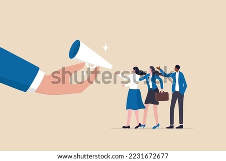 Encourage employee voice, advocacy or support opinion, contribution or help, listen to ideas or communication, staff encouragement concept, businessman hand offer megaphone for employee to speak out.