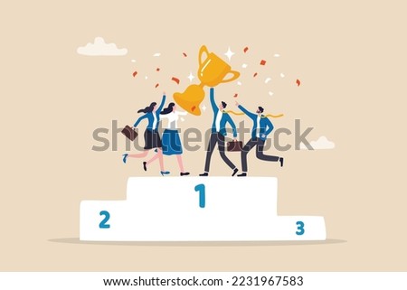 Team success win together, teamwork or collaboration to achieve goal together, group winner or team victory concept, businessman and businesswoman colleagues hold winning trophy on first place podium.