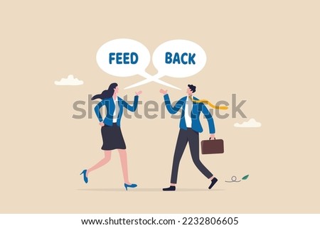 Employee feedback, opinion or colleague voice for improvement, message discussion, telling or comment each other, appraisal or review process, businessman and woman telling feedback to each other.