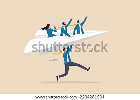 Mentor or support employee to success, manager to help or advice staff to reach goal, work coaching or adviser expert concept, businessman manager launching paper plane origami with team colleagues.