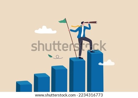 Vision to see next goal, motivation to success, forecast and business prediction, challenge to be better and achieve success concept, confidence businessman step on rise up graph look for next goal.
