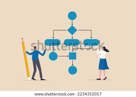 Business process, workflow diagram or model design, flowchart to get result, map or plan for business procedure, solution, strategy to implement concept, business people drawing workflow process.