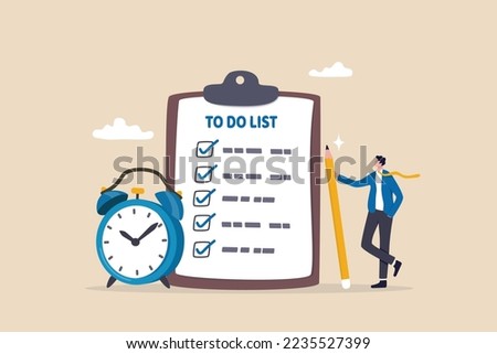 To do list, task management or completion tracking or reminder to finish assignment, work planning or schedule concept, productive businessman with pencil and to do list clipboard with alarm clock.