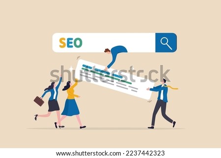 SEO, search engine optimization to help website reach top ranking in search result page, promote website or communication concept, businessman people help optimize website URL to 1st rank search bar.