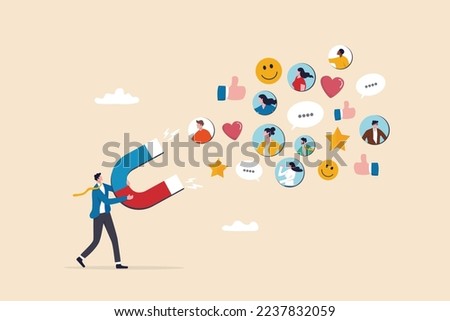 Brand engagement or customer engagement, social positive feedback after using product and share loyalty and trust concept, businessman magnet draw customers with brand engagement impression symbol.