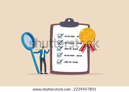 Standard, quality control or certified approval, corporate policy or compliance, guarantee checklist document, assurance concept, businessman hold magnifying glass with standard QC badge document.