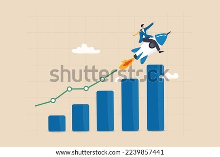 Business growth, investment profit increase, growing fast or improvement sales and revenue, progress or development concept, businessman riding rocket on growth bar graph or rising up revenue chart.