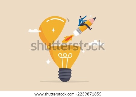 Creativity to create new idea, imagination or invention, inspiration, education or genius idea, writing content or boost creative thinking concept, man riding pencil rocket from opening lightbulb.