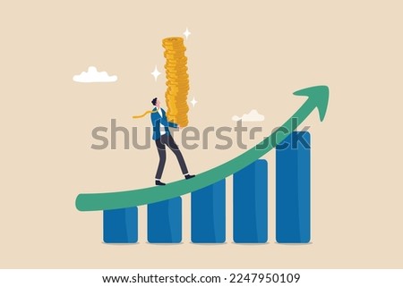 Increase revenue, income or investment profit, growing income or wealth, growth chart diagram or savings and investment return concept, businessman carry money coin stack walk up growth graph diagram.