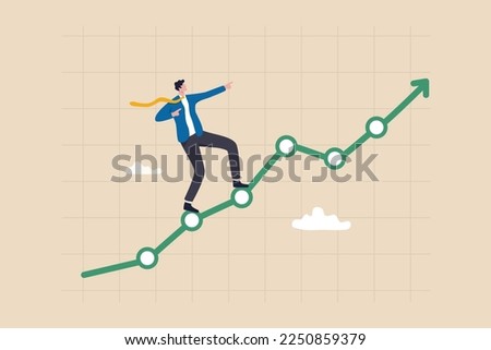 Profit growth, economic uptrend or growing investment, improvement or growth chart, financial forecast or prediction concept, confidence businessman pointing up with rising financial chart and graph.