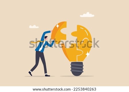 Problem solver, get solution to overcome difficulty, idea, creativity or innovation to fix problem or trouble concept, smart businessman solving lightbulb idea puzzle by connecting last jigsaw piece.