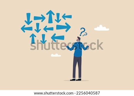 Confusion, frustration or decision making, mess, dilemma or complicated problem, lack of understanding, uncertain concept, confused frustrated businessman look at direction arrows with question marks.