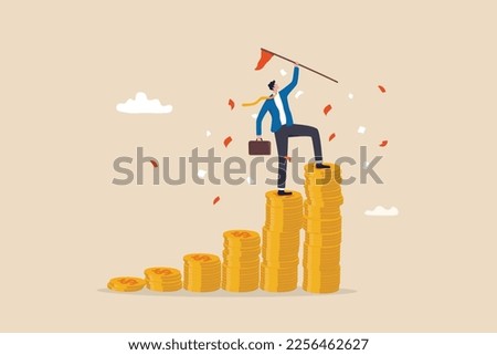 Financial success, reaching financial freedom, money achievement or earning profit or savings or investment goal concept, success businessman holding winning flag on top of money coins stack.