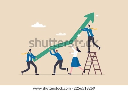 Team growth, teamwork to help improve working and achieve success, work together or cooperate to increase efficiency concept, business people help pushing green graph and chart arrow rising up.