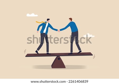 Negotiation for business winning, agreement or partnership deal for both benefit, merger and acquisition, professional talk concept, businessman handshake with success negotiation over balance seesaw.