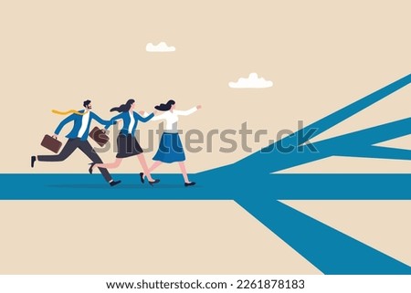 Career path, work opportunity or choices, choosing the right path, business challenge or decision point concept, business people running on career path to choose different direction for their job.