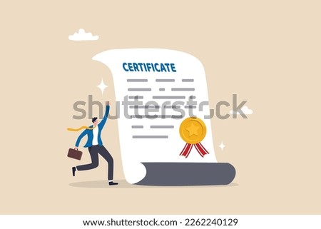 Certificate on taking course, award for excellent work or diploma document, license stamp or education certified guarantee concept, happy businessman with star certificate paper for work achievement.