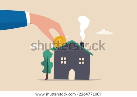 Down payment for house purchasing, mortgage or real estate loan, savings to buy new home or property investment, rental concept, businessman hand home owner putting money dollar coin into new house.