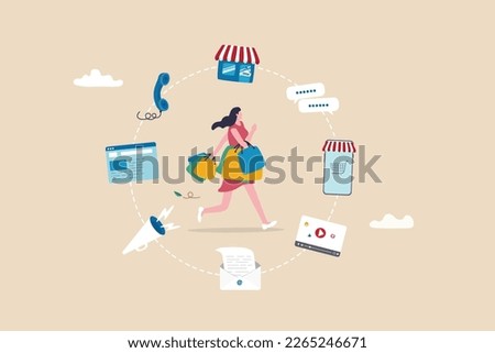 Omnichannel marketing, multi channel for customer to buy products, young woman customer with shopping bags buying from multi channel store, website, mobile and other chat and call center.