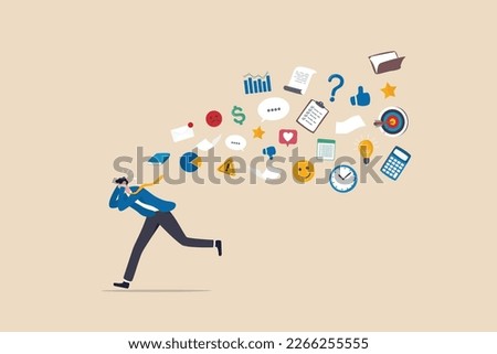 Information overload, excess distraction or overworked, overwhelmed data consume, problem with schedule or workload concept, frustrated businessman run away from flying social and work information.