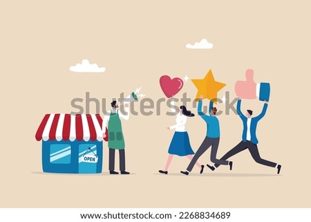 Customer loyalty or retention, marketing strategy for return customer, CRM to increase sale and satisfaction concept, store owner with megaphone tell loyalty customers with brand positive feedback. Сток-фото © 