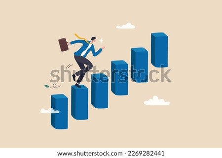 Career advancement, development or business growth, progress to more responsibility, salary or job promotion, improvement opportunity concept, success businessman step up growing bar graph stairs.