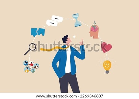 Soft skills or personal attribute to be success, confident businessman with elements of soft skills, networking, empathy, time management or communication skill, problem solving and creativity.