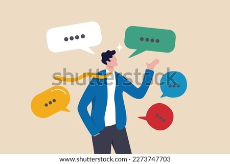 Verbal or oral communication skill, storytelling or explanation, public speaking, talking or discussion, telling message or speech concept, confidence businessman talking with multiple speech bubbles.