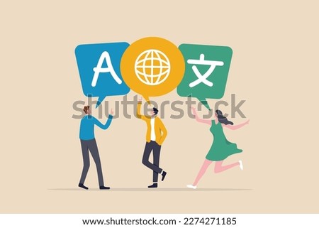 Language learning, translation or international communication, global or multilingual education, foreign diversity concept, young adult people talking with foreign international language symbol.