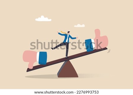 Demerit and merit evaluation, advantage and disadvantage in comparison, performance assessment, manager evaluation, judgment concept, businessman balance on seesaw with thumb up and thumb down.