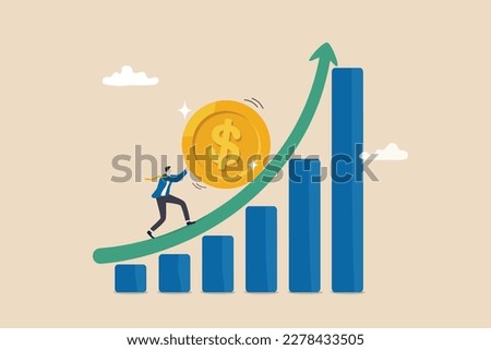 Compound interest exponential growth, investing earning profit, wealth management or savings, pension fund growing in long term investment concept, businessman push money coin up exponential graph.