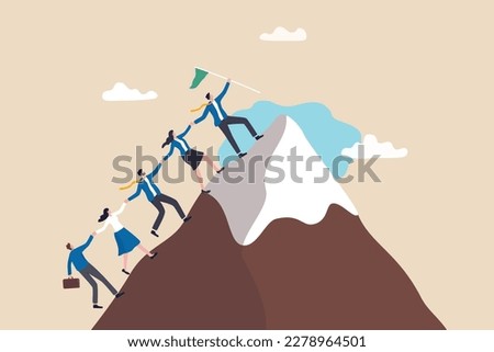 Teamwork to help success together, leadership to lead team to achieve goal or target, cooperation or support to help employee concept, businessman leader manager help colleagues to reach mountain top.