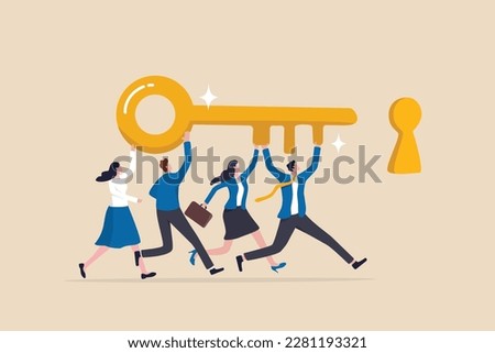 Key to success, teamwork, people to help solve problem, career opportunity, unlock secret or discovery, motivation concept, business people team member help carry golden success key push into keyhole.