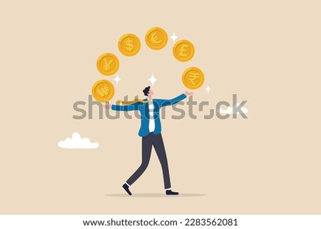 Currency exchange, international money transfer or foreign exchange, forex trading, global financial economy or currency convert concept, rich businessman juggling various international money coins.