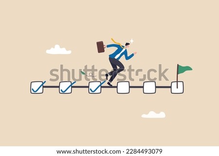 Project management, task tracking or work progress, tracking finish or completed tasks, planning or productivity concept, businessman project manager running on completed checkbox to reach goal.