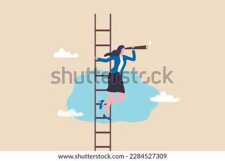 Career opportunity, business success vision or searching for new job, leadership visionary, looking for goal, future or business discovery concept, businesswoman climb up ladder looking on telescope.