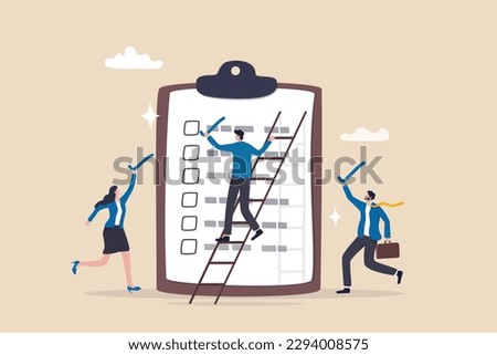 Finishing todo list, work checklist or accomplishment, project management, teamwork to get work done, complete plan concept, businessman coworkers help put checkmark on checkbox task list clipboard.