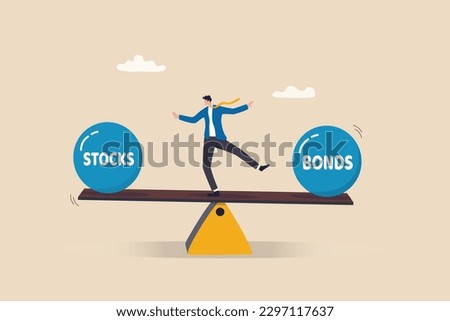 Stocks vs bonds in investment asset allocation, risk assessment portfolio or expected return in long term mutual funds, pension fund concept, businessman investor balance on stocks and bonds seesaw.