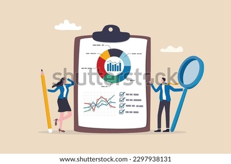 Business report, data diagram and chart, statistics or analytics, data analysis summary or performance, market research concept, business people with magnifying glass hold clipboard with report graph.