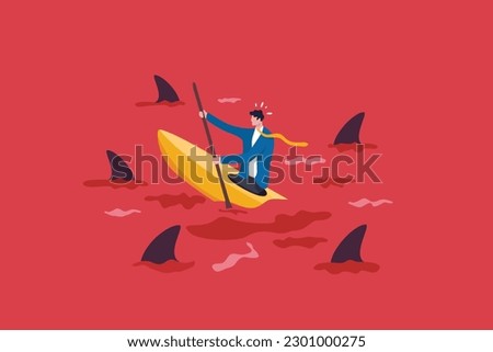 Red ocean market, high competition industry with too many competitors, intense market with challenge or difficult to success concept, businessman in kayak trying to survive in red ocean with sharks.