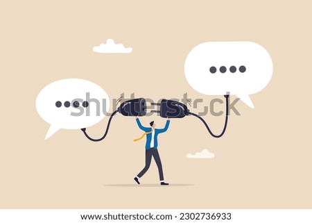 Communicate to solve problem, discussion or meeting to get new idea, collaboration or cooperate to success, connect idea for solution concept, businessman connect plug between conversation dialog.