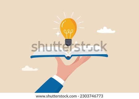 Knowledge or education, study or learning new skill, creativity or idea, reading book for inspiration, discover solution or literature, wisdom concept, hand hold open book to discover lightbulb idea.
