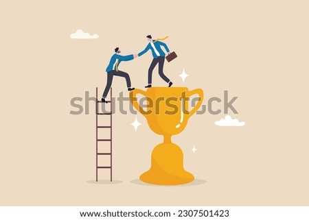 Partnership help success, support or mentor to assist to achieve goal and win together, teamwork, trust or leadership concept, businessman help colleagues to climb up ladder step on winning trophy.