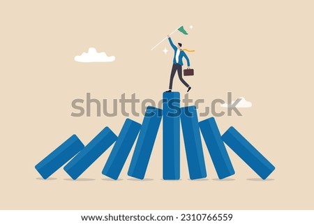 Winner take all, survive business competition or strength to overcome difficulty, economic crisis or recession, business winner concept, success businessman on stand strong bar graph domino collapse.
