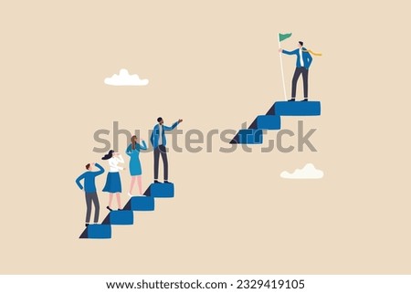 Skill gap, employee difficulty or difference knowledge, competence or career problem, talent obstacle or opportunity challenge concept, business people climb up stair to find sill gap to reach goal.