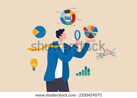Data analysis chart and report, financial research or analyze information for marketing insight, analytics or optimization diagram, smart information, businessman analyze data with magnifying glass.