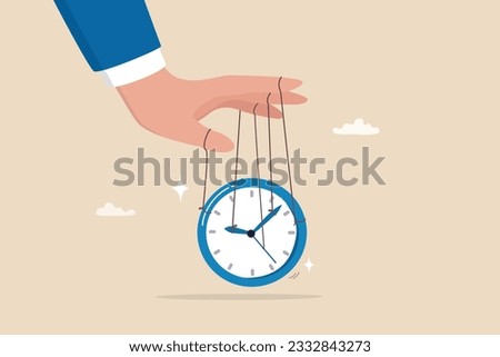 Control time, freedom or efficient time management to finish project within deadline, productivity or efficiency, productive project manager concept, businessman hand control time with clock puppet.