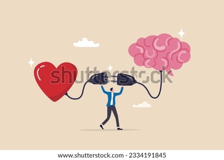 Emotional Intelligence, EI or control feeling and emotion with logical thinking brain, empathy or social skill, self control or balance concept, man connect heart feeling with logical thinking brain.