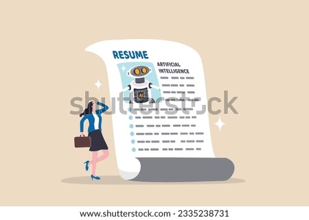 Artificial Intelligence AI replacement on human workforce, job or employment, AI candidate, machine or automation to work position concept, businesswoman HR consider robot AI resume to fill in job.